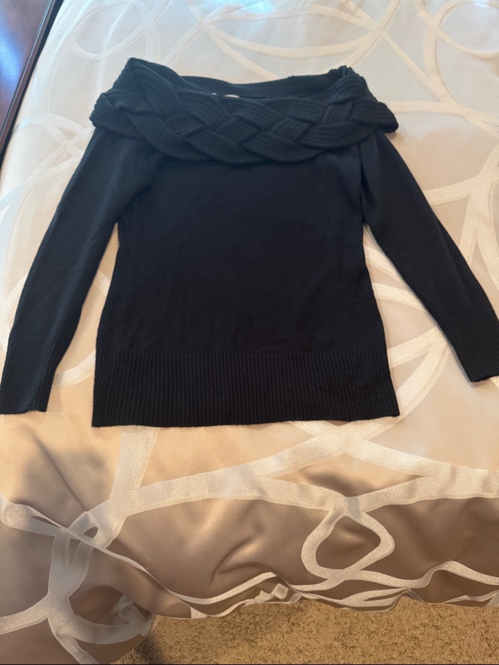 Boston Proper Black Off-the-Shoulder Cable-Trim Sweater